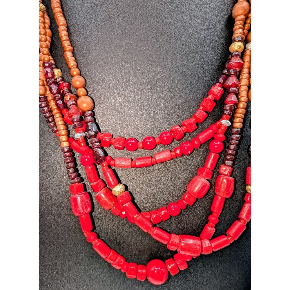 Chico's Five Strand Red Gold Silver Bronze Purple Stone Bead 22"-26" Necklace - Picture 8 of 11